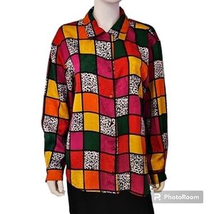 LAURA & JAYNE Colorful Satin Checkerboard Leopard Print Button Down Shirt